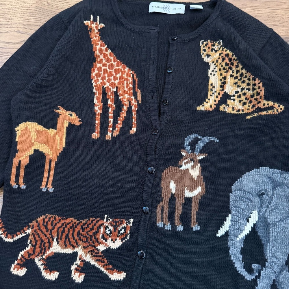 Marisa Christina Black Safari Animals Cotton Wool Blend Cardigan Ladies Medium - Picture 2 of 7